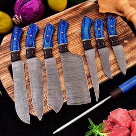 Professional Kitchen Knives set Custom Made Damascus Steel 8 pcs of Utility Chef Knife Set with Leather Case Roll Bag