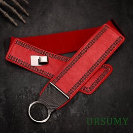 Ursumy Women Vintage Wide Elastic Belt 80s Punk Belt Rivet-Studded Thick Leather Belt Leopard print Belt forJeans Dress (Red)