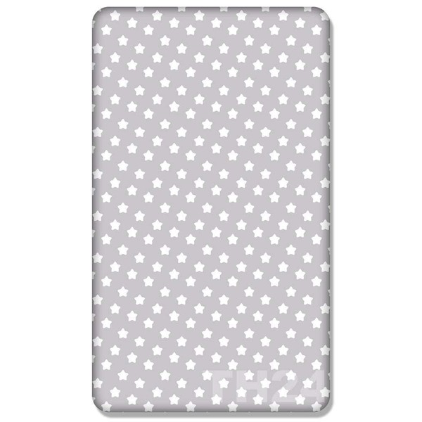 Babymam 100% Cotton 160x80cm Cot Sheets With Printed Design for Baby Junior Travel Cot Bedding Cotbed Sheet Toddler Bed (Big White Stars on Grey Background)