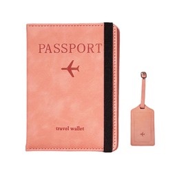 Bliceon Passport Holder, PU Leather RFID Blocking Passport with Luggage Tag, Travel Documents Organizer with Card Slot & Elastic Strap Passport Covers (Pink)