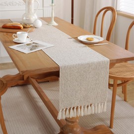 13x72inch Tassel Bohemian Vintage Rustic Farmhouse Table Runner 72inches Long Dresser Scarf for Dining Kitchen Christmas Birthday Party, Beige