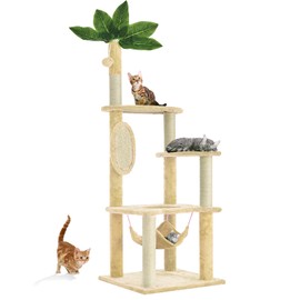 NINESHI 60" Cat Tree for Indoor Cats with Green Leaves, Multi-Level Large Cat Tower with Hammock, Plush House w/Hang Ball Toy and Scratching Posts (Beige)