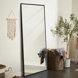 NeuType 47"x16" Full Length Mirror with Standing Holder Aluminum Alloy Frame Floor Mirror Wall-Mounted Mirror for Living Room, Bedroom, Hanging or Leaning Against Wall, Black (with Stand)