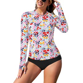 SHEKINI Women's Rash Vest Two Piece Swimming Costume 1/4 Zipper Long Sleeve Rash Guard Shirts UPF 50+ UV Wetsuits Swimsuits
