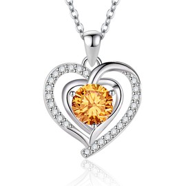Yaumatea Heart Necklace, I Love You Always & Forever, Birthstone Cubic Zirconia Pendant, Gift for Women (Double Heart, Silver 11 Nov)