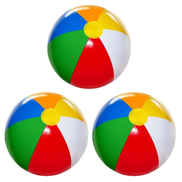 4E's Novelty Beach Balls for Kids [3 Pack] Large 20 inch Inflatable Beach Ball, Rainbow Color - Pool Toys for Kids, Beach Toys, Summer Toys, Summer Birthday Party Favors