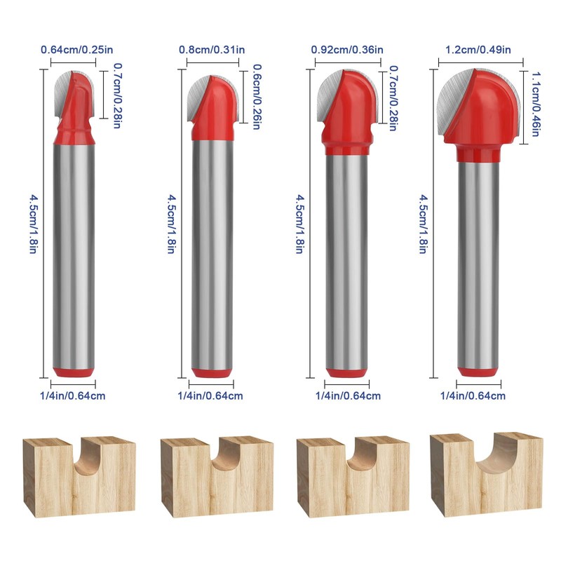 8pcs 1/4" Shank Cove Core Box Router Bit Set, Round