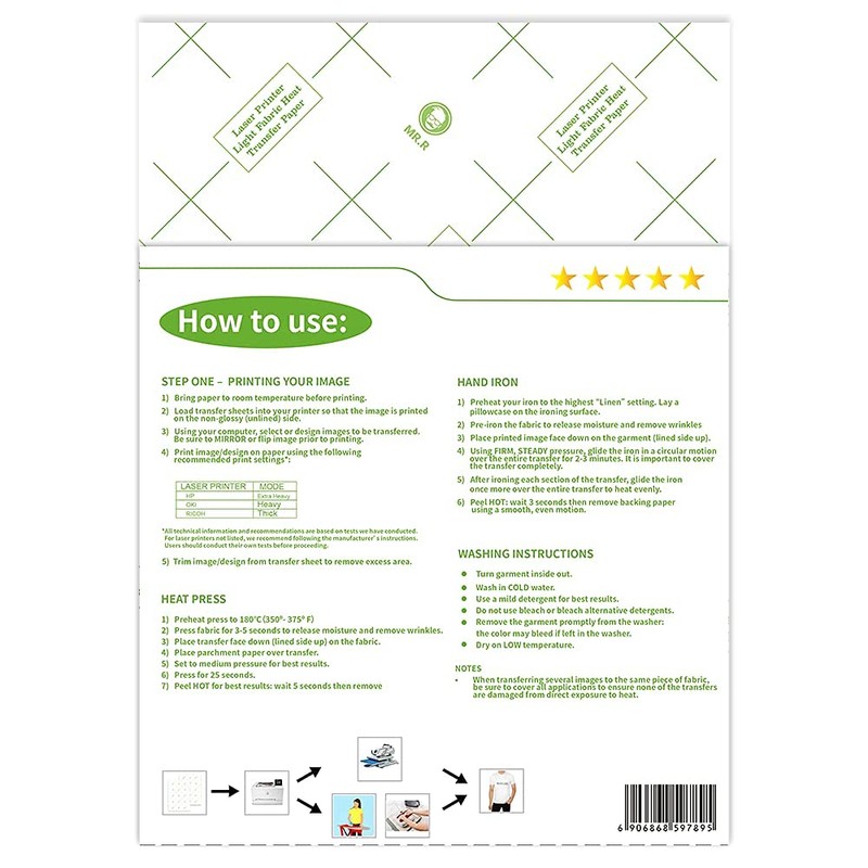 MR.R Laser Printable Heat Transfer Paper for Light Cotton T-Shirt