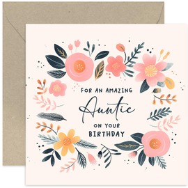 Old English Co. Cute Birthday Cards for Auntie - 'Amazing Auntie' Birthday Gifts for Her - Floral Artwork Happy Birthday Card for Women - For Family | Blank Inside