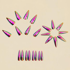 Pink Press on Nails Medium Length Almond Artificial Fake Nails with Chrome Plating Design Glossy Shiny Full Cover Glue on Nails Laser Acrylic Stick on Nail Gradient False Nail for Women Girl 24Pcs