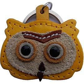 Real Leather Keychain Featuring Owl Pendant, approx. 5 x 5 cm, medium, yellow