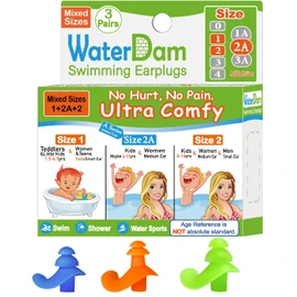 WaterDam Swimming Ear Plugs Great Waterproof Ultra Comfy Earplugs Prevent Swimmer's Ear (Size 1+2A+2:Kids Teens Small & Medium Ear Women (Blue Orange Green))
