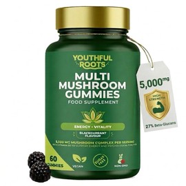 Youthful Roots 6-in-1 Multi Mushroom Gummies with Vitamin B6 - Focus, Energy & Vitality - Vegan & Sugar-Free - 60 Gummies - for Kids and Adults