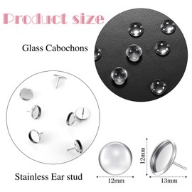 200 Pieces Stud Earring Kit, Including 50 Pieces 12 mm Stainless Steel Blank Stud 50 Rubber Back, 50 Pieces 12 mm Clear Glass Cabochons 50 Stainless Steel Earring Back for DIY Making (Silver)