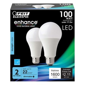 Feit Electric A19 100W Equivalent LED Light Bulbs, Dimmable, 5000k Daylight, 1600 Lumens, 22 Year Lifetime, E26 Base, CRI 90, UL Listed, Damp Rated, 2 Pack, OM100DM/950CA/2
