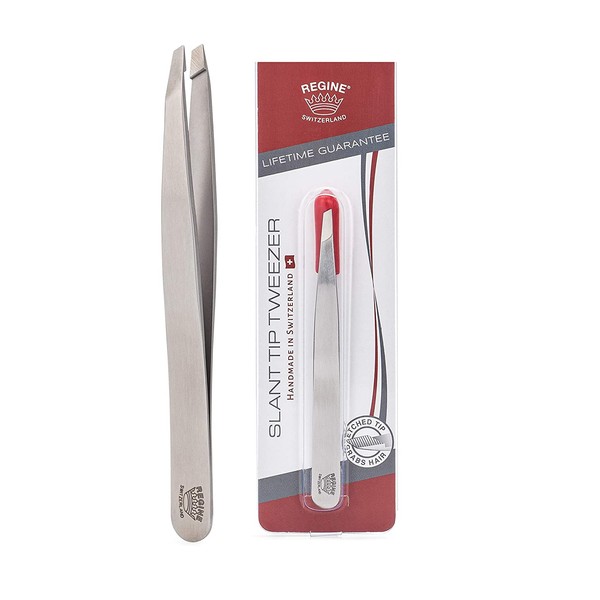 Regine Switzerland Slant Tweezer - Handmade in Switzerland - Professional Eyebrow, Facial & Hair Remover - Etched Interior Tip to Grab Hair from The Root - Perfectly Aligned Tips - Stainless Steel