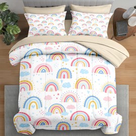 Pamnest Comforter Set Queen Size, Rainbow Sunshine Star 7 Pcs Bedding for Kids and Adults, Dream Pink Cute Bed Sheet Sets with Fitted Sheet 2 Pillowcase & 2 Sham for Bedroom Bed Decor