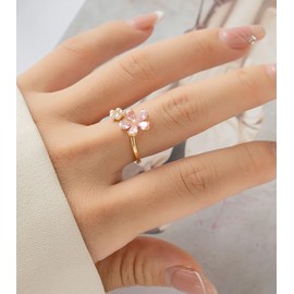 IMINI Dainty Flower Ring for Women Girls Sparkling Crystal Daisy Adjustable Statement Rings Pearl Chic Engagement Promise Ring Wrap Finger Open Band 14K Gold Plated Jewelry Gifts (Pink)
