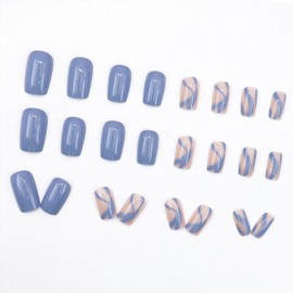 Square Press on Nails Medium Fake Nails with Lines Designs Glue on Nails Blue Full Cover Nails Press ons Acrylic False Nails Glossy Artificial Stick on Nails for Women 24Pcs