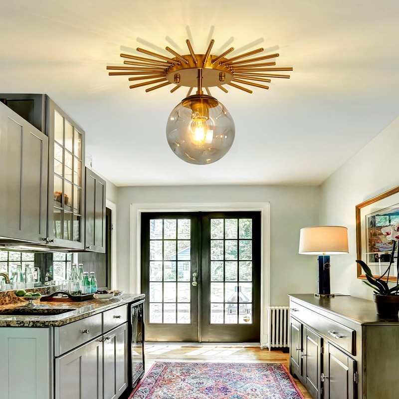 UOFUS Gold Sunburst Semi Flush Mount Ceiling Light Fixture with
