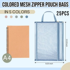 Marspark 25 Pack Colored Mesh Zipper Pouch Bags Double Layer Nylon Puzzle Bags A4 Zipper Pouch with Handle for Toy Organizer Storage School Office(Gray, Blue, Vermilion, Khaki, Green)