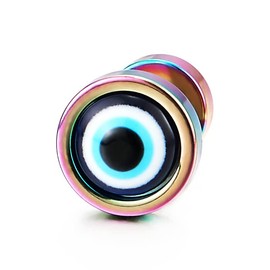 Mens Womens Rainbow Colorful Steel Evil Eye Circle Stud Earrings with Blue Resin, Screw Back, 2pcs