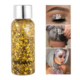Punifengsi Sequins Body Glitter Gel, Make Up Long Lasting Glitter for Body Face Hair Eyeshadow for Music Festival Party Carnival Long Lasting Face Glitter, No Glue Needed and Easy to Remove. (Gold)