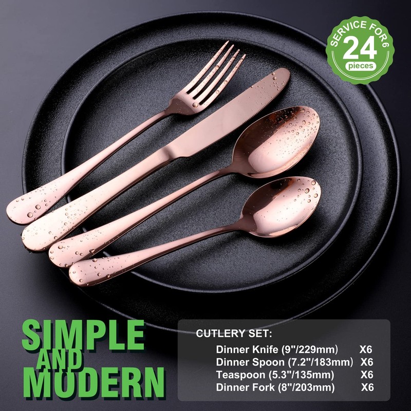 Copper/Rose Gold Silverware Set, OGORI 24-Piece Stainless Steel Flatware Set,
