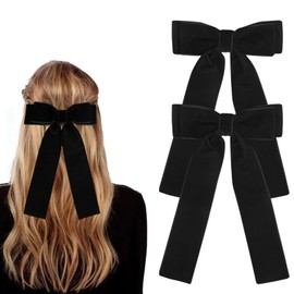 DMQ Black Hair Bows, 2Pcs Black Velvet Big Bows Hair Clips Set - Bowknot Hair Clip Barrettes with Long Ribbons Ponytail Holder French Hair Accessories for Women Christmas Gifts