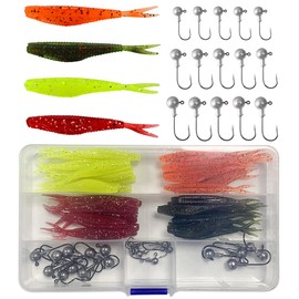 Worms Set of 55 Ajing Meberling Salt Lures Worms 2.4 inches (6 cm) 0.2 oz (5 g) Jig Head Beginners Fishing Light Game Worms Twin Tail Storage Case Included
