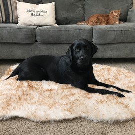 Asrug Soft Faux Fur Pet Bed Mat Plush and Fluffy Pet Pad Ultra Cozy Pet Throw Rug for Dogs Cats, Luxury Soft Faux Sheepskin Chair Cover Seat Pad Shag Fur Area Rugs for Bedroom, Brown & White, 3ftx5ft