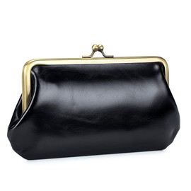 DORIS&JACKY Vintage Leather Clutch Purses for Women Small Evening Bag Wallet With Kiss Lock (1-Black)