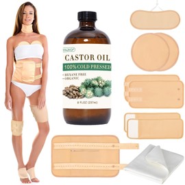 10 Pcs Castor Oil Pack Wrap, Castor Oil Organic Cold Pressed Unrefined Glass Bottle for Liver Detox, Stomach, Neck, Knee, Foot & Entire Body, Organic Cotton Reusable Pads Kit for Hot/Cold Compress