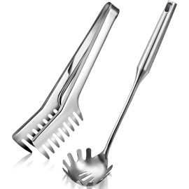 2 Pcs Spaghetti Spoon Large Pasta Server Utensil, 9.4 Inch Stainless Steel Pasta Tong and 13.6 Inch Pasta Fork with Vacuum Handle, Comfortable Grip Design