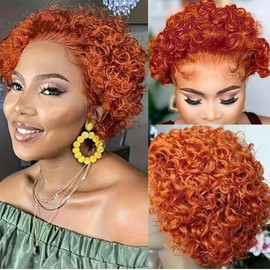 Pixie Cut Wig Human Hair 8 Inch Orange Ginger Human Hair Wig For Black Women Short Curly Wigs Human Hair Pre Plucked Pre Cut 4x4 Lace Closure Wear and Go Glueless Wigs 350 Ginger (Orange, 8 inche)