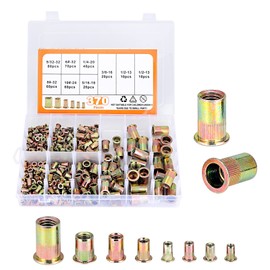 370PC Rivet Nut Kit,#5-32,#6-32, 8-32, 10-24, 1/4"-20, 5/16"-18, 3/8"-16，1/2" -13，Carbon Steel Flat Head Rivnut Threaded Insert Nut Set,Knurled Body,Yellow Zinc Plated Finish