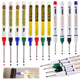 Pack of 12 Deep Hole Markers, Drill Hole Marker 45/30/20 mm, Extra Long Tip Depth Hole Marker, Marker Pen for Wood, Plastic, Wall, Metal, Cardboard Construction Site Pen (Black, Blue, Red, Green)