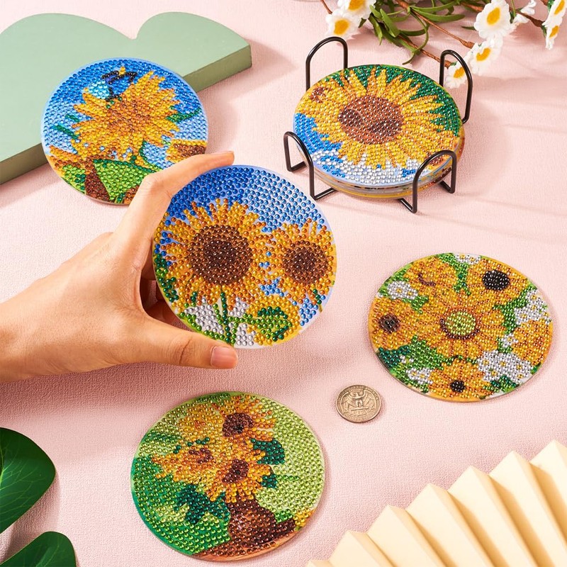 Cheriswelry 8Pcs Diamond Painting Coasters Sunflower Diamond Coasters with Holder