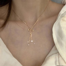 Inateannal Boho Crystal Bow Pendant Necklace Gold Bow Choker Necklace Rhinestone Bowknot Chain Necklace Long Bow Tie Necklace Chain Jewellery for Women, Zinc, No Gemstone
