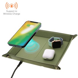 Leather Valet Tray for Men, LAVAVIK Nightstand Organizer Built in Wireless Charger Pad, EDC Charging Catchall Tray Women Bedside Dresser Storage for Phone/Jewelry/Key/Wallet(Green)