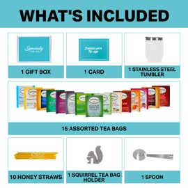 Tea Gifts for Women – Sampler Gift Basket with 15 Unique Blends, Honey Sticks, Stainless Tumbler & Gift-Ready Box (White)