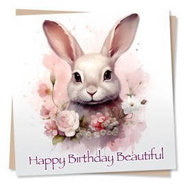 Nokular Happy Birthday Beautiful - Rabbit and Flower Design - For Friends, Family, Women, Rabbit Lovers - Made in UK