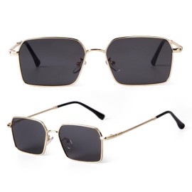 JUDOO Oversized Retro Rectangle Sunglasses for Women Men Trendy Vintage Gold Metal Frame Design Slim Sun Glasses Shades (Grey lens)