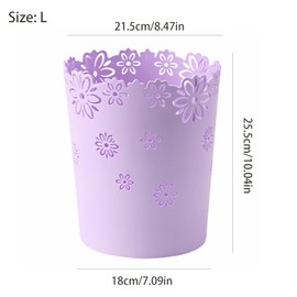 YEMIANJU Simple Cute Wastebasket Hollow Flower Shape Plastic Lidless Wastepaper Baskets Trash Can 2.6 Gallons Bathroom Garbage can (Purple, L)