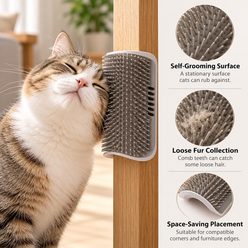 Wall Corner Cat Grooming Brush for Self-Grooming – Curved Massage