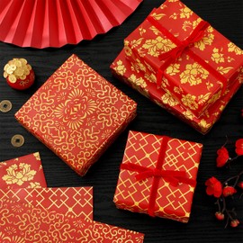JarThenaAMCS 6 Sheets Chinese New Year Wrapping Paper -Not Roll- Red Gold Gift Wrap Paper Folded Flat DIY Art Craft Paper for Spring Festival Party Packaging, 39.4 x 27.6 Inch