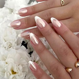 ANDGING French Tip Press on Nails Almond White Short Glue on Nails for Women Fantasy Medium Fake Nails with CLassy Designs Artificial Stick on Nails Gel Manicure Acrylic False Nails for Wedding