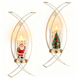 Walasis Sconces Wall Decor Set of 2 Hurricane Candle Holder - Modern Decorative Candle Wall Sconce Golden Metal Wall Mount Gold Decorations for Living Room Bedroom Bathroom Hallway Outdoor