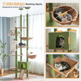 Meowrista Floor to Ceiling Cat Tree Tall Cat Tower with Adjustable Height (81.8-108 Inches) with Fully Scratching Post Private Condo and Hammock for Indoor Cats (Green, Triple Dule Posts)