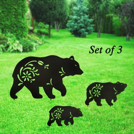 Hokfirm Metal Bear Stake, Outdoor Metal Bear Statue, Silhouette Bear Stake Outdoor Decorative Metal Animal Stakes, Set of 3